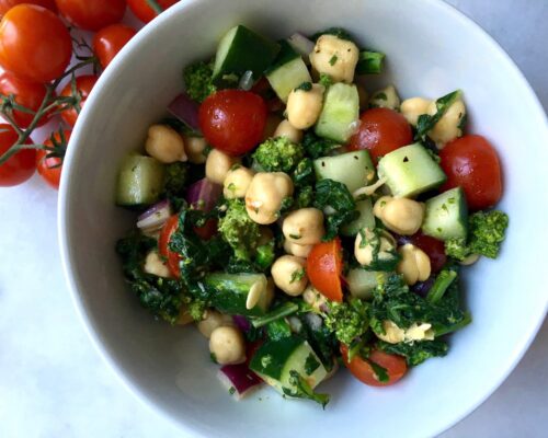 Cucumber Salad with Chickpea, Tomato and Broccoli Rabe