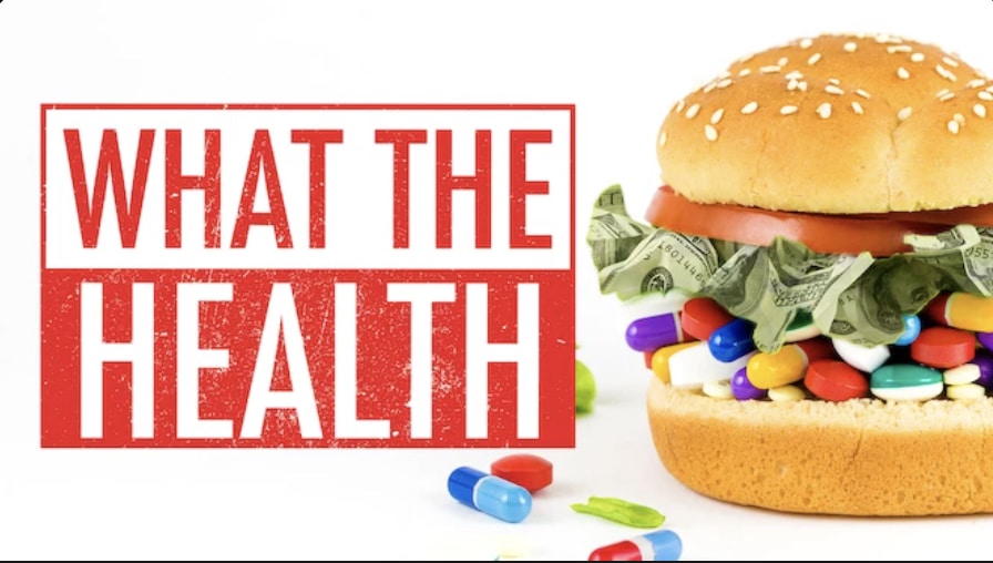 What The Health's thumbnail image with fast food on the side on white background
