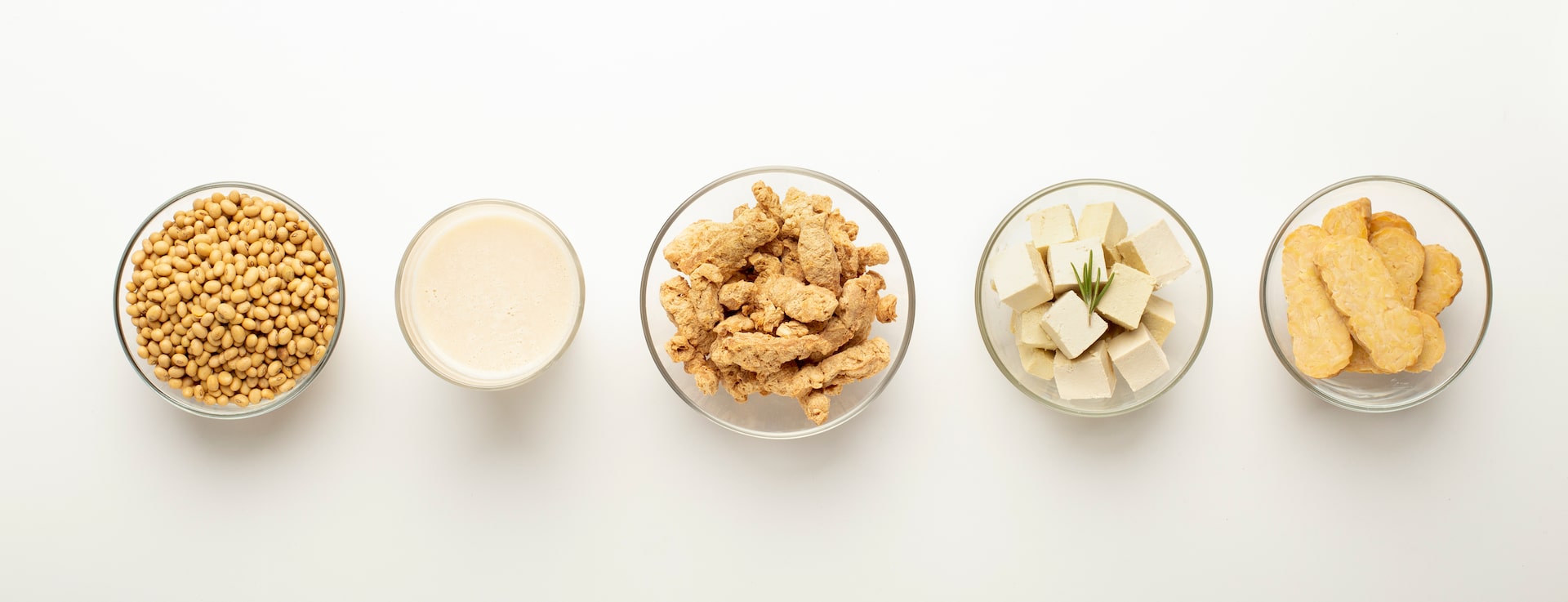 Soybeans, soy milk, soymeat, tofu and tempeh in bowls on white background, panorama