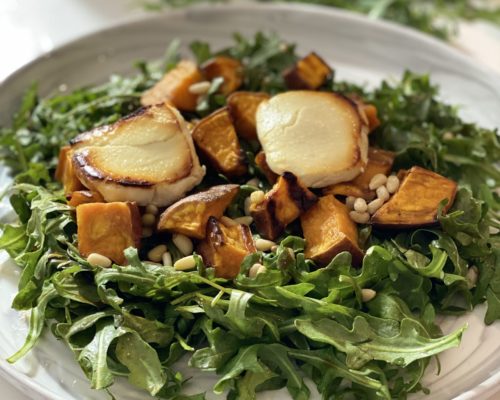 Arugula Salad With Sweet Potato, Goat Cheese and Pine Nuts
