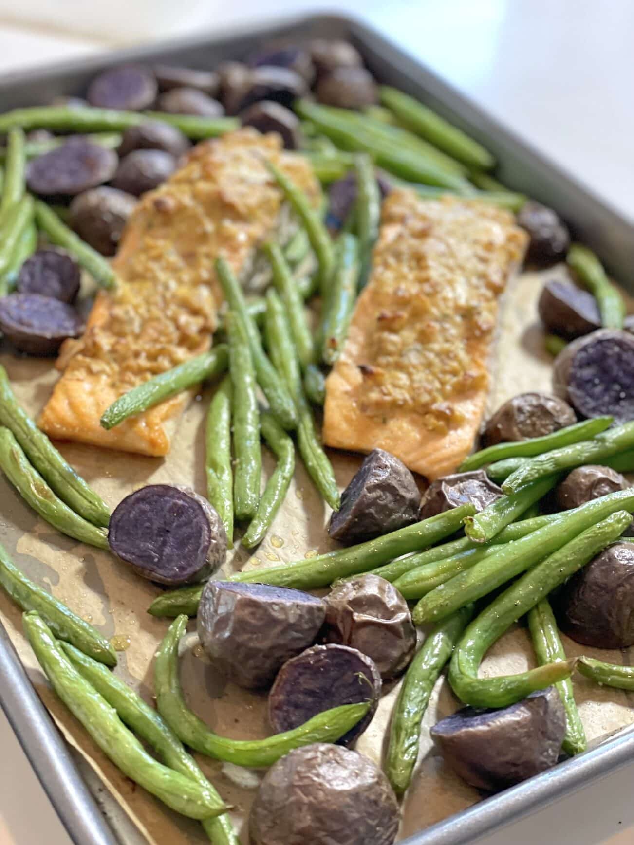 Sheet Pan Salmon With Purple Potatoes and String Beans