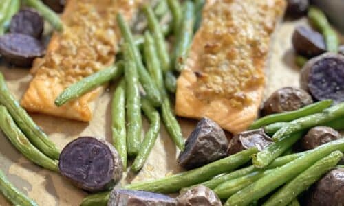 Sheet Pan Salmon With Purple Potatoes and String Beans