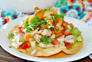 Shrimp ceviche Mexican-Style on a white plate